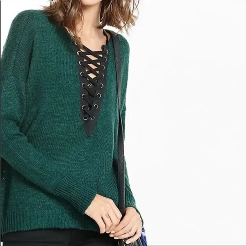 Express vintage deep v criss cross cut outs sweater green and black